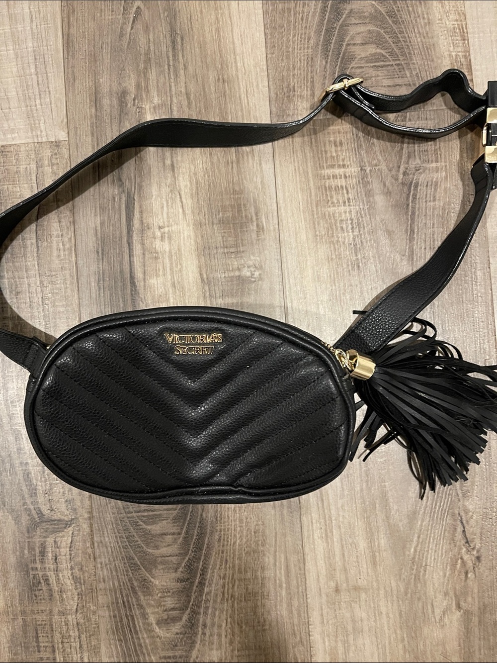 Victoria's Secret Black Quilted Crossbody Belt Bag with Tassel Accent